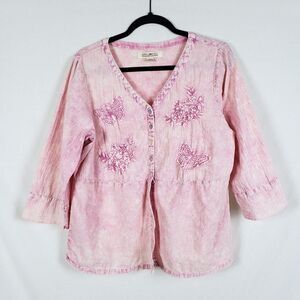 April Cornell Button Up Top Womens M Pink Split Hem Embroidered Butterflies